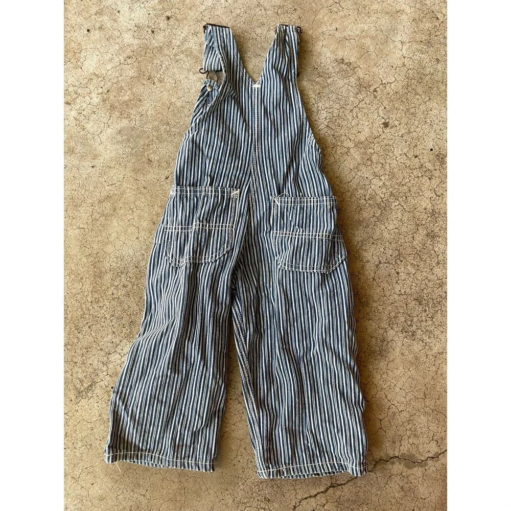 Vtg RoundHouse Bib Overalls Stripped Youth Kids Size 4 Farming Made In USA